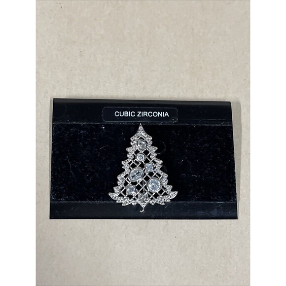 SILVER CUBIC ZIRCONIA?‎ Christmas Tree BROOCH PIN With Clear Stones VTG HTF - Picture 2 of 6